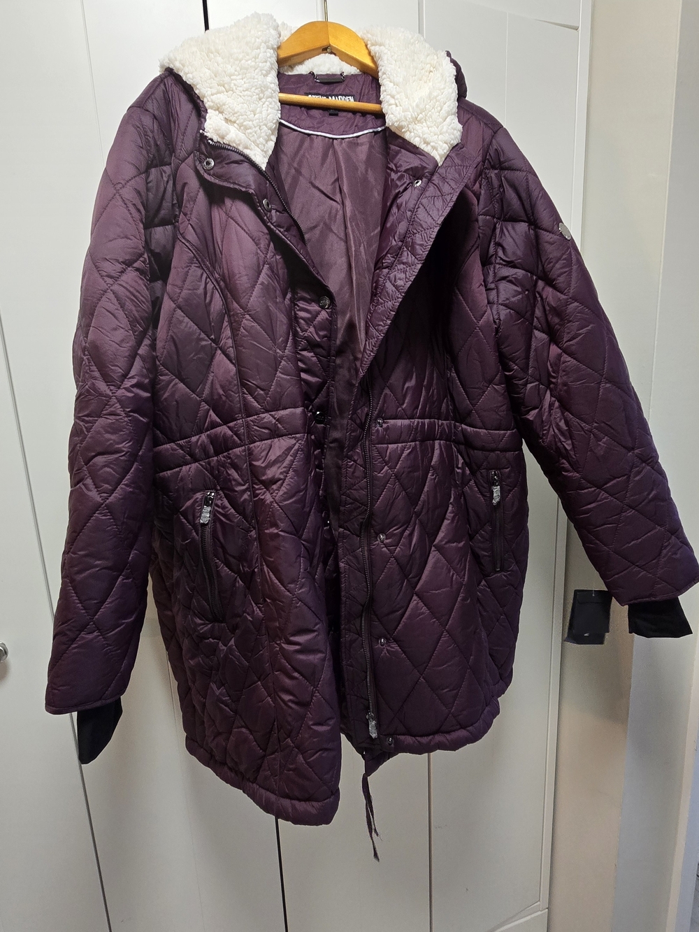 Steve Madden Quilted Plum Hooded Puffer with Sherpa Lining